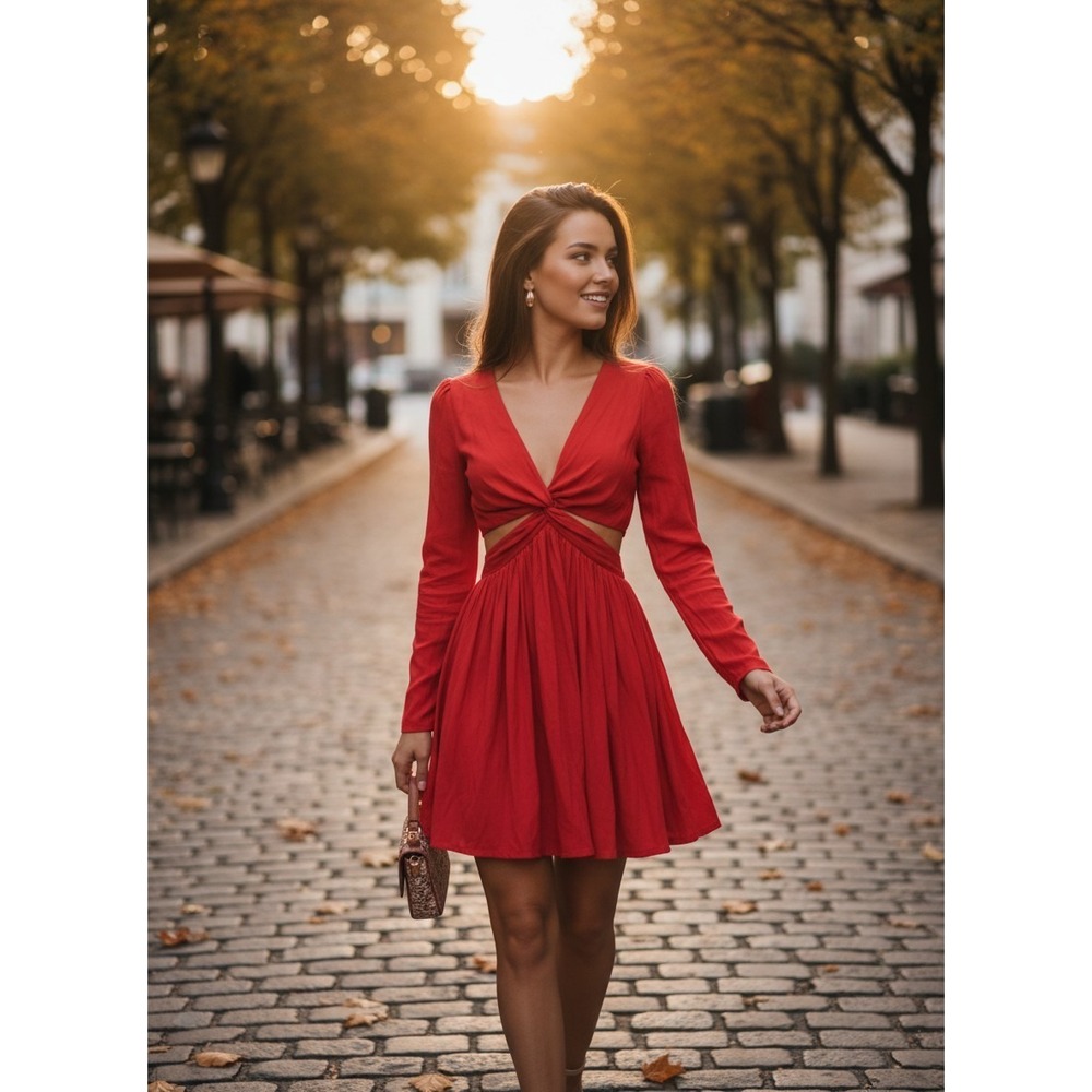 Idem Ditto Red Knotted Front Flare Mini Dress Women's Long Sleeve -S